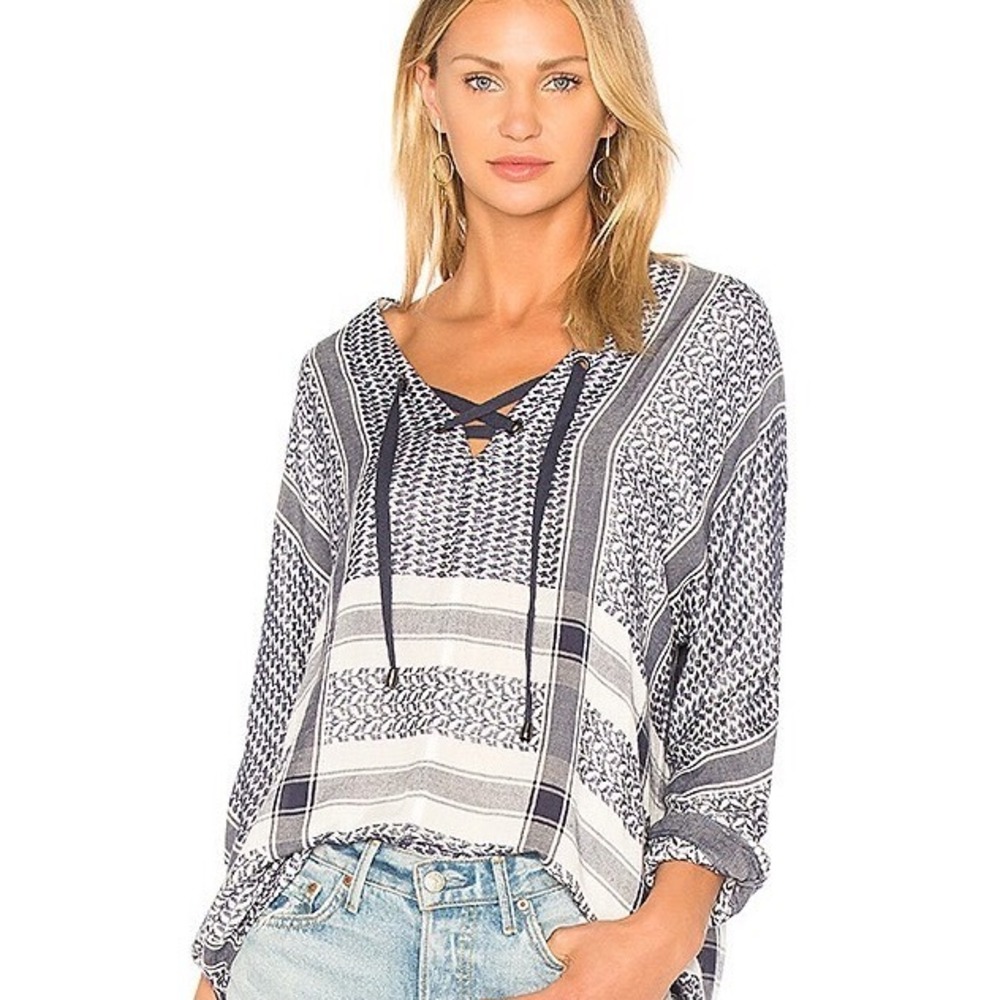 Rails Lily Blouse Womens Medium Blue White Sapphire Jacquard Boho Nautical Vacay